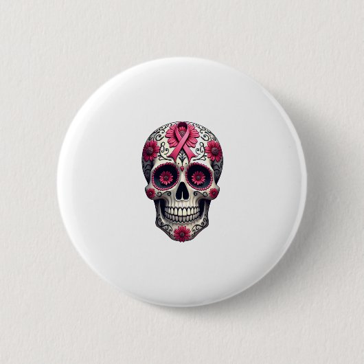 Pink Ribbon Sugar Skull Calavera Breast Cancer Awa Button (Vorderseite)