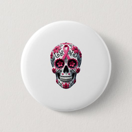 Pink Ribbon Sugar Skull Calavera Breast Cancer Awa Button (Vorderseite)