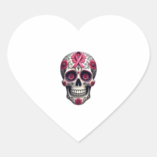 Pink Ribbon Sugar Skull Calavera Breast Cancer Awa Herz-Aufkleber (Vorderseite)