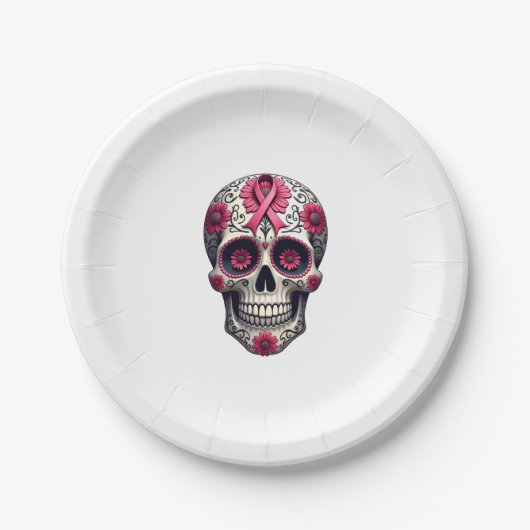 Pink Ribbon Sugar Skull Calavera Breast Cancer Awa Pappteller (Vorderseite)