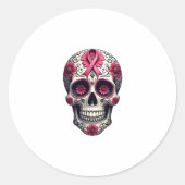 Pink Ribbon Sugar Skull Calavera Breast Cancer Awa Runder Aufkleber (Vorderseite)