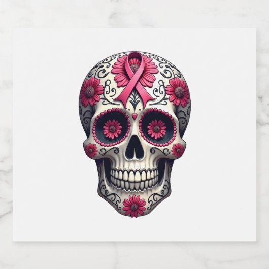 Pink Ribbon Sugar Skull Calavera Breast Cancer Awa Schaumweinetikett (Einzelnes Label)