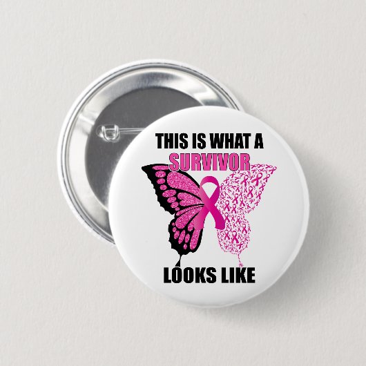 Pink Ribbon Survivor Butterfly Brustkrebs Button (Vorne & Hinten)