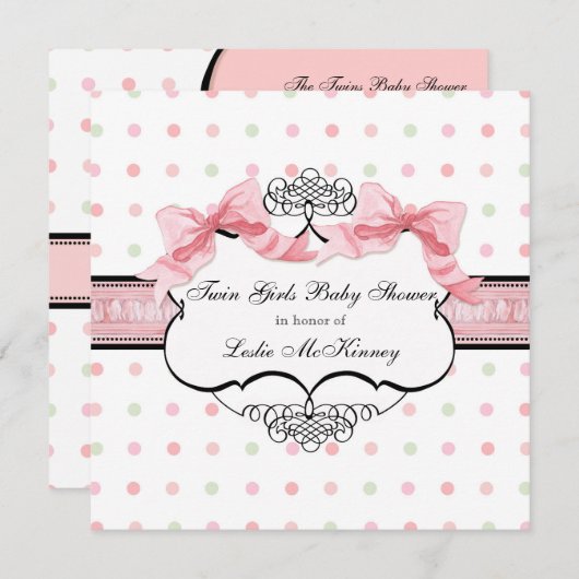Pink Ribbon Twin Girls Französisch Bow Dot Swirl Einladung (Vorne/Hinten)