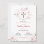 Pink Ribbon Wappen Girl First Holy Communion Einladung (Vorderseite)