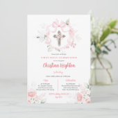 Pink Ribbon Wappen Girl First Holy Communion Einladung (Stehend Vorderseite)