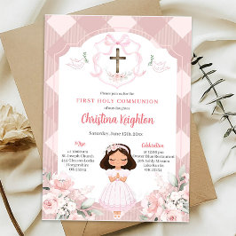 Pink Ribbon Wappen Girl First Holy Communion Einladung