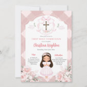 Pink Ribbon Wappen Girl First Holy Communion Einladung (Vorderseite)