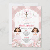 Pink Ribbon Wappen Twins Girl First Holy Communion Einladung (Vorderseite)