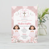 Pink Ribbon Wappen Twins Girl First Holy Communion Einladung (Stehend Vorderseite)