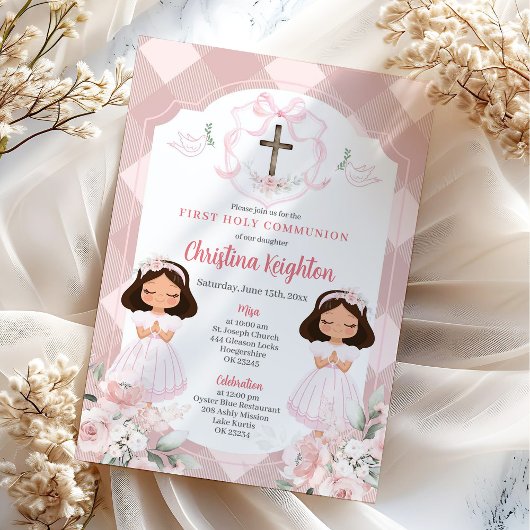 Pink Ribbon Wappen Twins Girl First Holy Communion Einladung