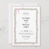 Pink Ribbons & Greenery Vintage Wedding Einladung (Vorderseite)