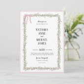 Pink Ribbons & Greenery Vintage Wedding Einladung (Stehend Vorderseite)