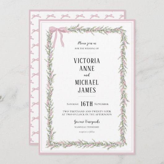 Pink Ribbons & Greenery Vintage Wedding Einladung (Vorne/Hinten)