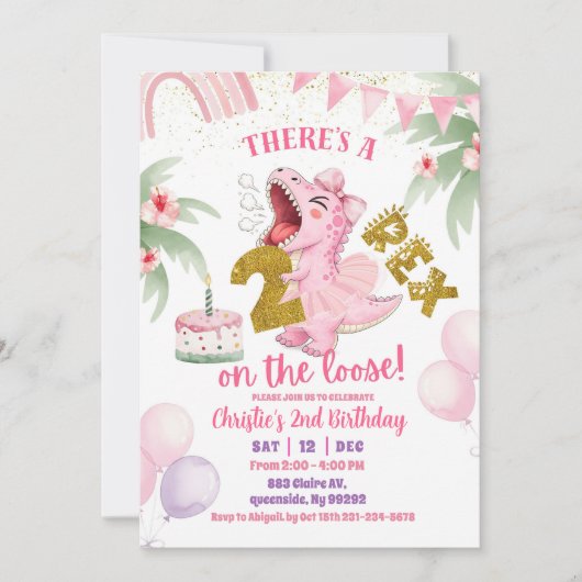 Pink Roaring Dinosaur 2-rex birthday Invitation Einladung (Vorderseite)
