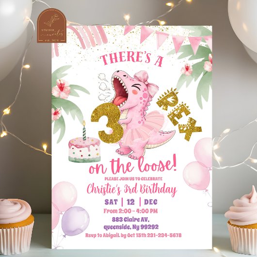 Pink Roaring Dinosaur 3-rex birthday Invitation Einladung