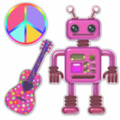 Pink Robot Guitar und Peace Sign Niedlich Aufkleber (Vorderseite)