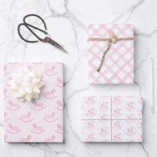 Pink Rocking Horse Baby Shower Wrapping Paper Shee Geschenkpapier Set