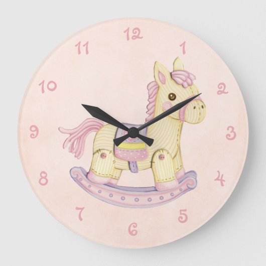 Pink Rocking Horse Wall Clock Große Wanduhr (Vorderseite)