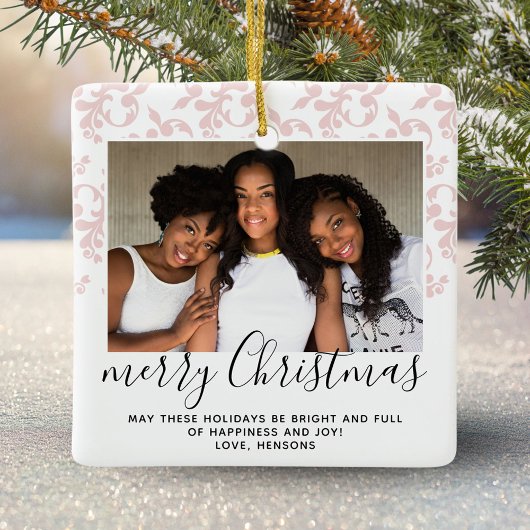 Pink Rokoko Merry Weihnachtsskript Foto Keramikornament