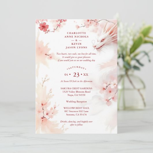 Pink Romantic Sakura & Japanese White Dragon Einladung (Stehend Vorderseite)