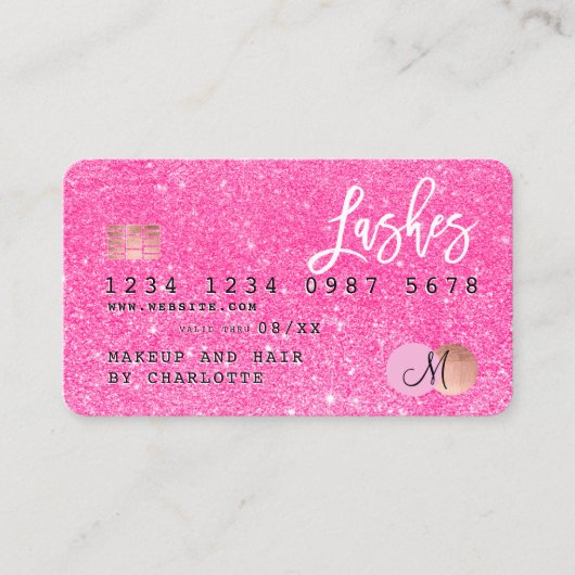 Pink-rosa-Glitzer der Kreditkarte Lashes Monogramm Visitenkarte (Vorderseite)