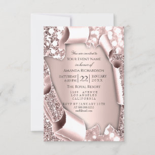 Pink Rose 3D Glittereffekt Rahmen Initialen  Einladung