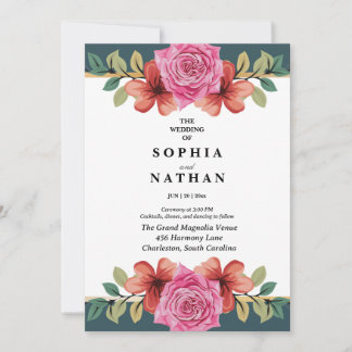 Pink Rose and Teal Floral Wedding Invitation Einladung