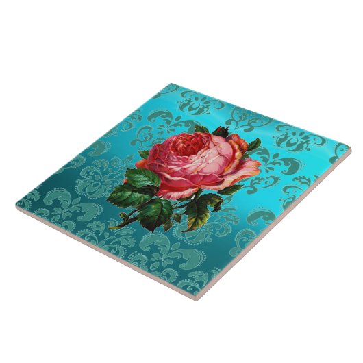PINK ROSE AUF AQUAMARINEM BLAUE DAMASK Keramik Til Fliese (Seite)