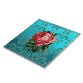 PINK ROSE AUF AQUAMARINEM BLUE DAMASK FLIESE (Seite)