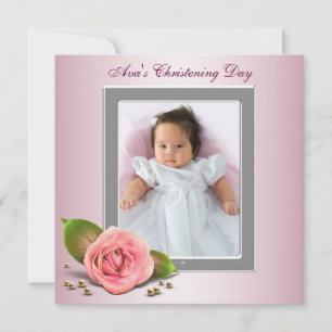 Pink Rose Baby Girl Foto Christening Einladung