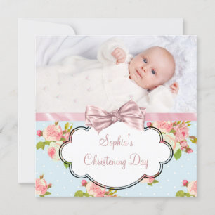 Pink Rose Baby Girl Photo Christening Einladung