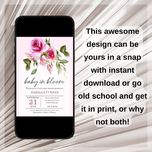 Pink Rose Baby in Bloom Baby Dusche Einladung