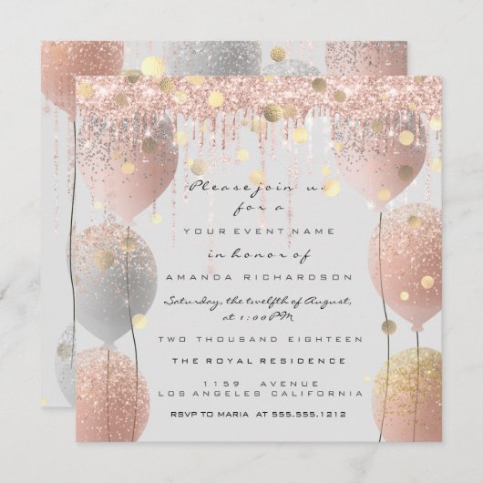 Pink Rose Ballon Sweet 16. Bridal Baby Gray Einladung (Vorne/Hinten)