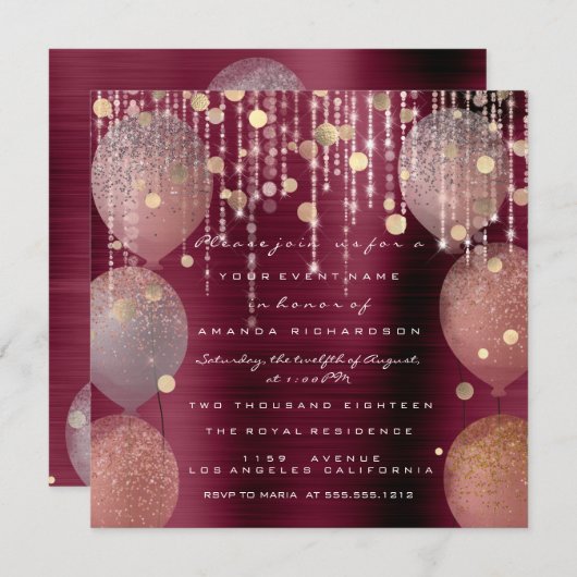 Pink Rose Ballon Sweet 16. Bridal Bordeaux Marsal Einladung (Vorne/Hinten)