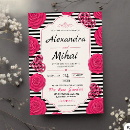 Pink Rose Black and White Stripe Floral Acryleinladungen