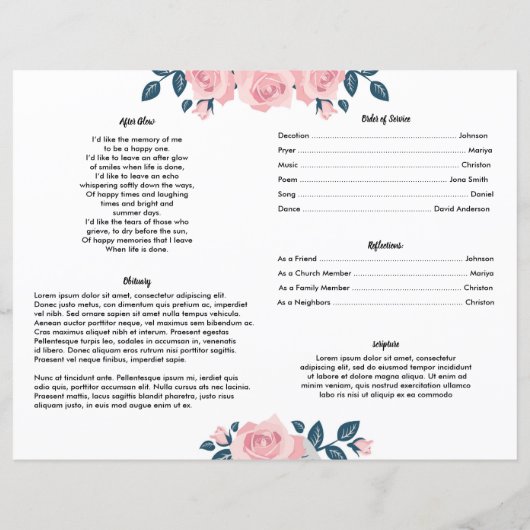 PINK ROSE BLUME | Vorlage des Beerdigungsprogramms (Rückseite)