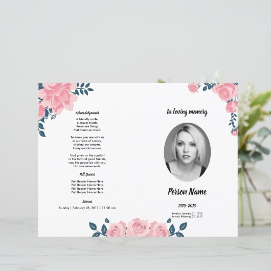 PINK ROSE BLUME | Vorlage des Beerdigungsprogramms (Stehend Vorderseite)