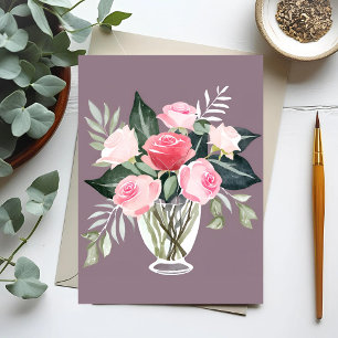 Pink Rose Bouquet   Floral Weibliche Wasserfarbe Postkarte