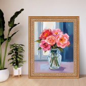 Pink Rose Bouquet Glass Vase Romantic Floral Poster