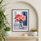 Pink Rose Bouquet Glass Vase Romantic Floral Poster