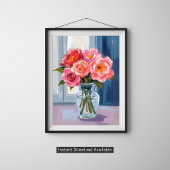 Pink Rose Bouquet Glass Vase Romantic Floral Poster