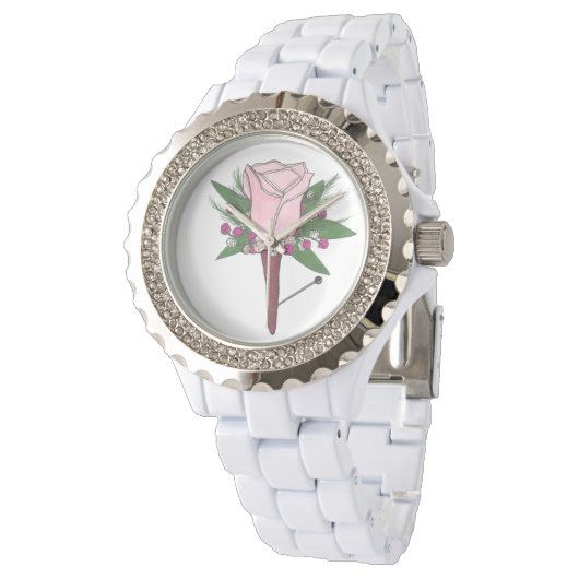 Pink Rose Boutonniere Floral Prom Wedding Watch Armbanduhr (Schrägansicht)
