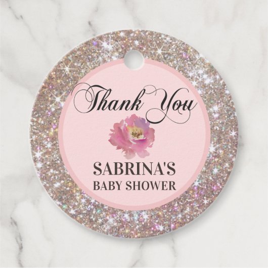 Pink, Rose Braun, Glitzer Baby Dusche Danke Geschenkanhänger (Vorderseite)