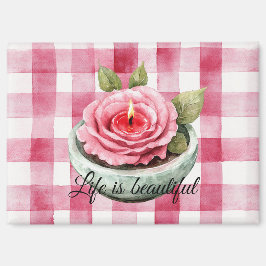 Pink Rose Candle Plaid Magnet