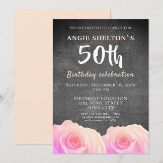 Pink Rose Chalkboard Floral 50. Geburtstagsparty Einladung