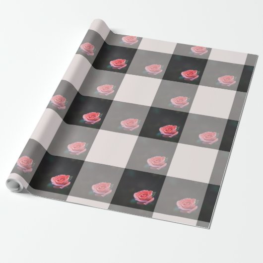 Pink rose checkered pattern geschenkpapier (Ungerollt)