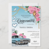 Pink Rose Classic Blue Lowrider Chola Quinceanera Einladung (Vorderseite)