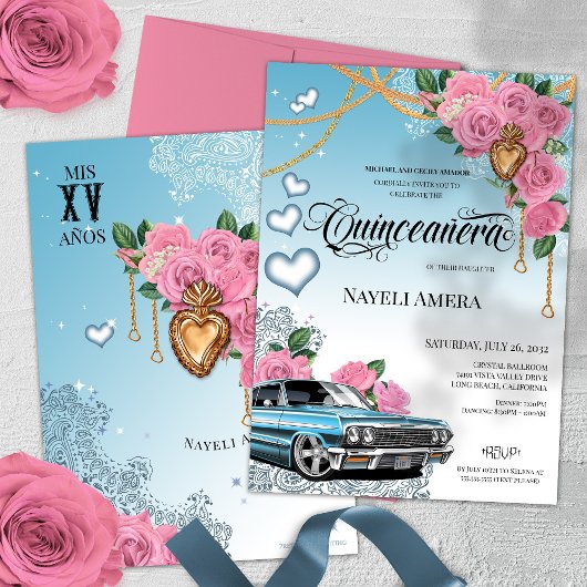 Pink Rose Classic Blue Lowrider Chola Quinceanera Einladung