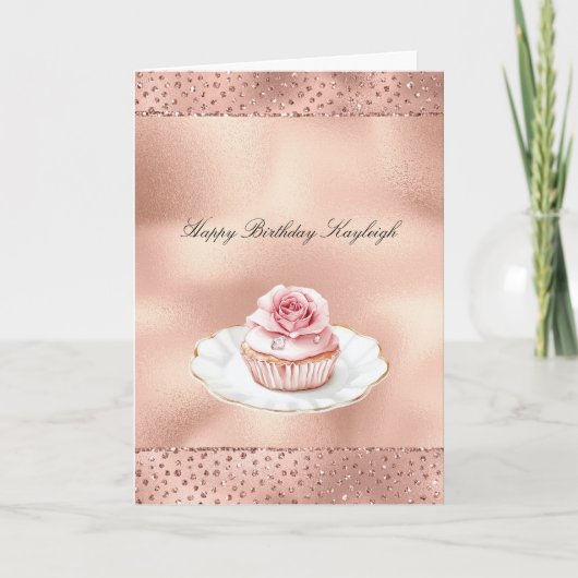 Pink Rose Cupcake Gold Glam Glitter Birthday   Karte (Vorderseite)